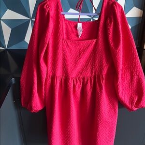 Red Smocked Puff Sleeve Mini Dress